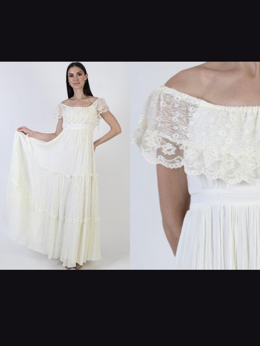 Vintage Gunne Sax Jessica McClintock Off the Shoulder tiered lace Maxi Dress